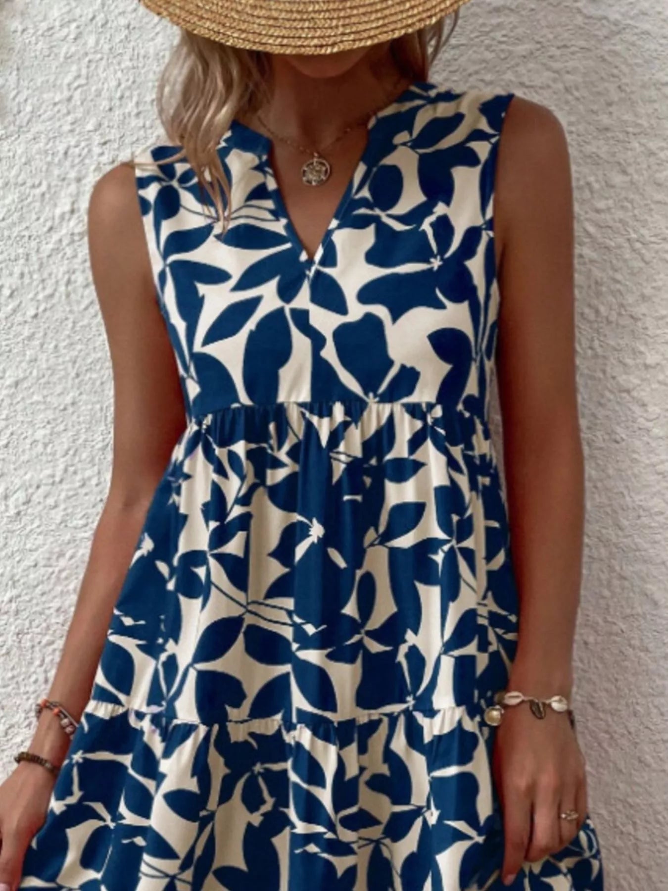 Full Size Printed Notched Sleeveless Mini Dress Plus Size 