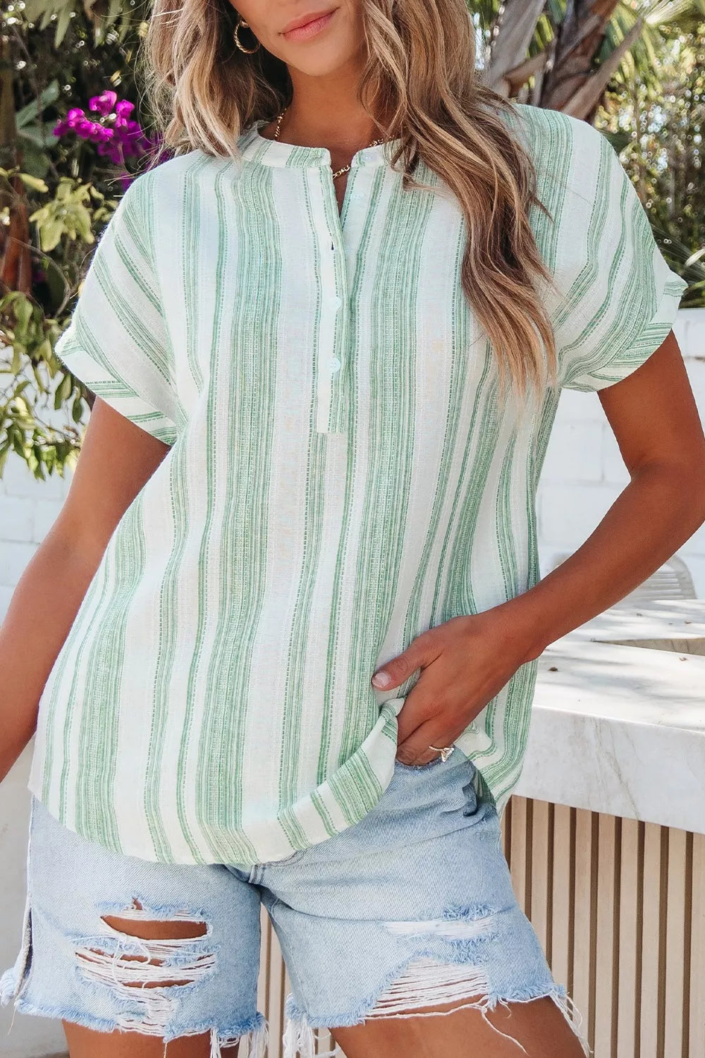 Breathable Gauze Half Button Short Sleeve Casual Blouse 