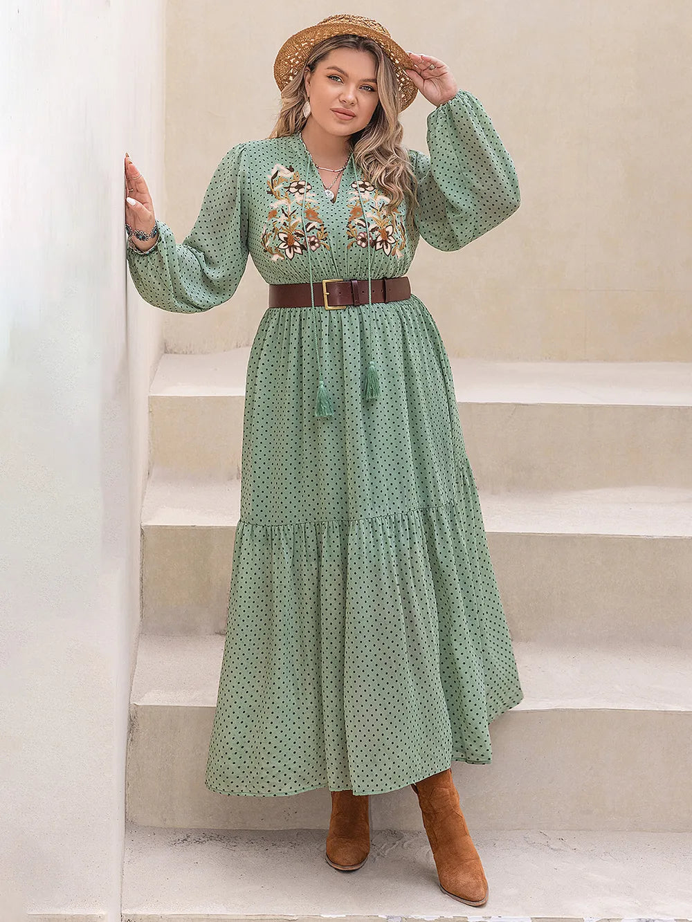 Plus Size Tassel Printed Tie Neck Long Sleeve Midi Dress 