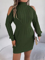 Cold Shoulder Cable Knit Turtleneck Sweater Dress 