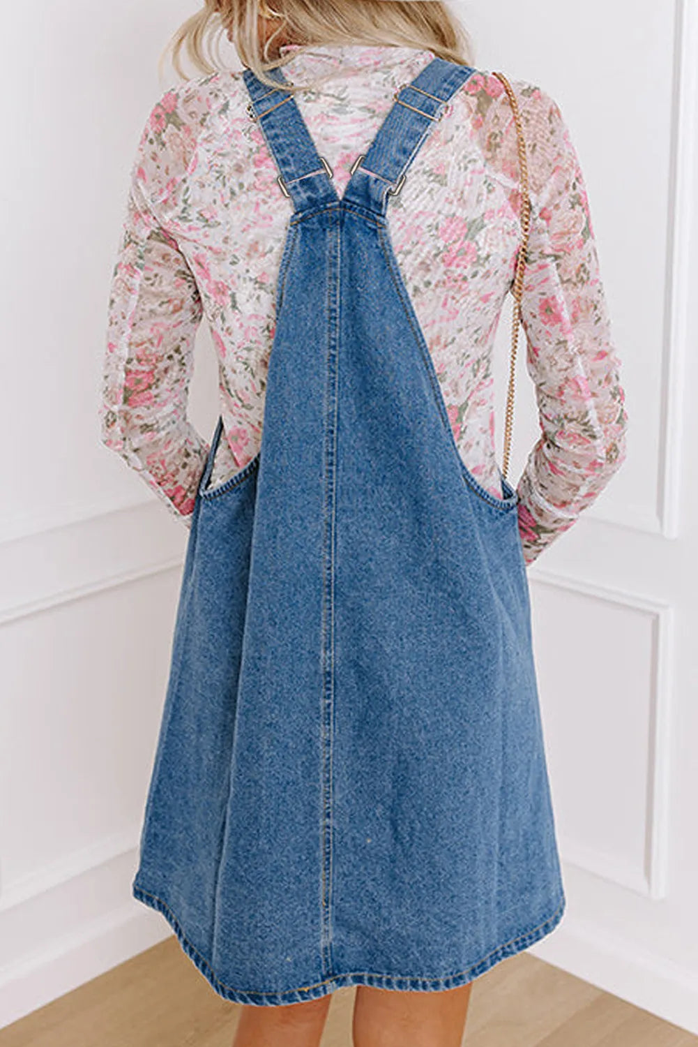 Square Neck Wide Strap Denim Overall Dress 