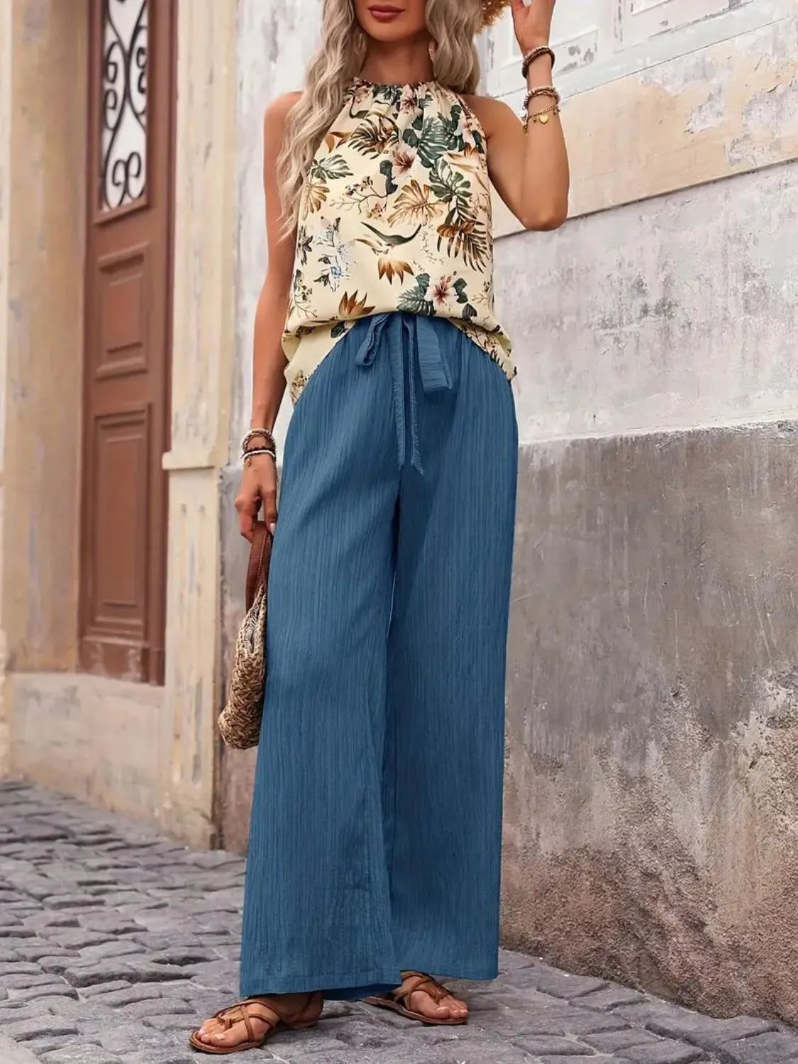 Printed Tank Top and Wide Leg Pants Set 