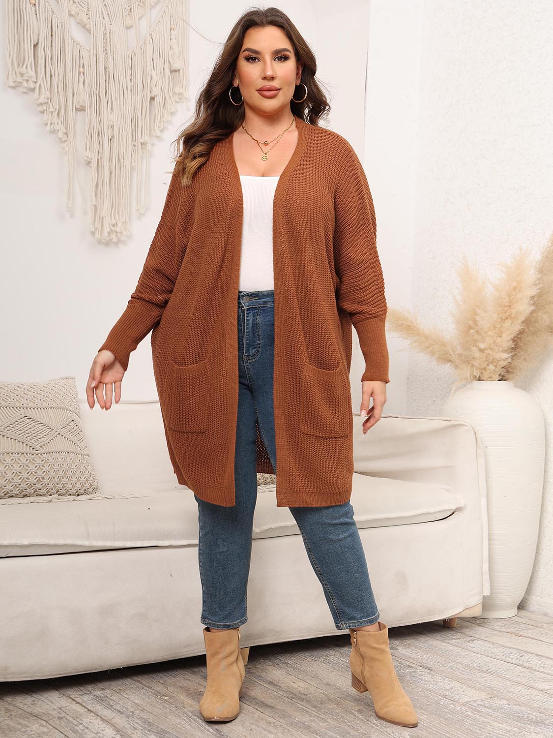 Plus Size Open Front Cardigan With Pockets 