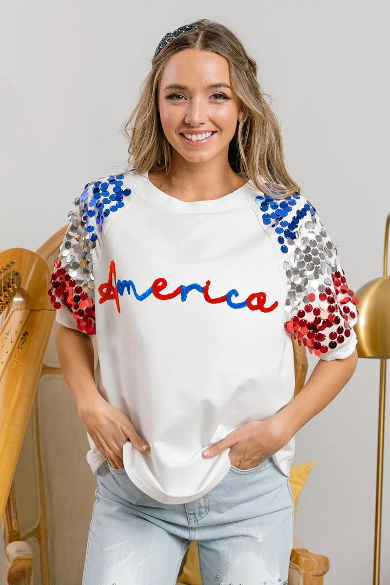 BiBi America Letter Applique Spangle Puff Sleeves Top 