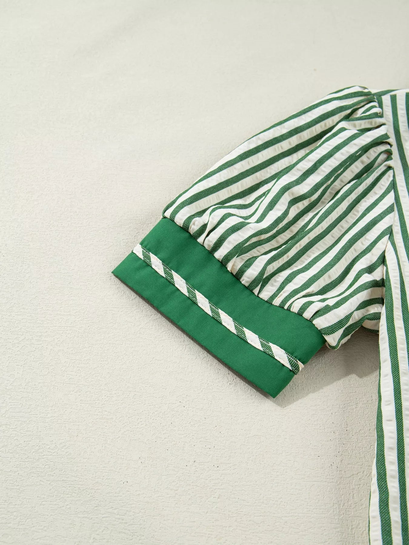 Stripe Collared Split Neck Short Bubble Sleeve Blouse 
