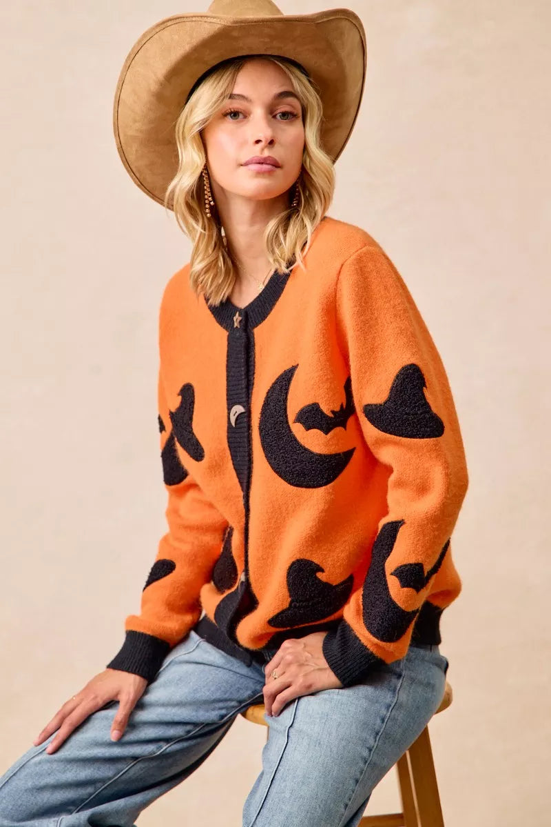 BiBi Halloween Witch Hat Moon Bat Artwork Cardigan 