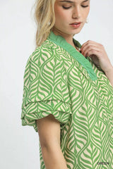 Umgee Leaf Print Ruffle Neck Midi Dress 