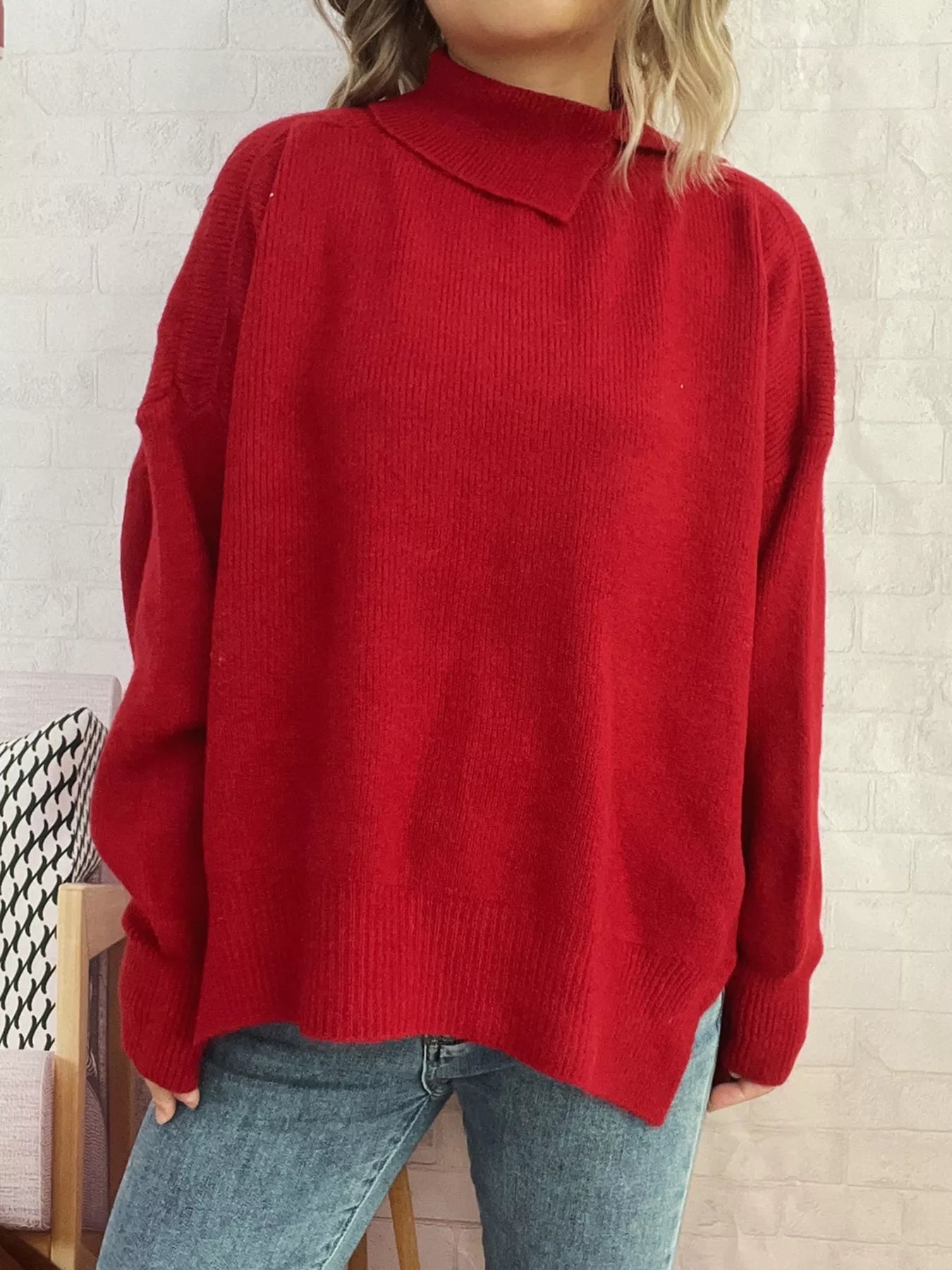 Slit Turtleneck Long Sleeve Sweater 