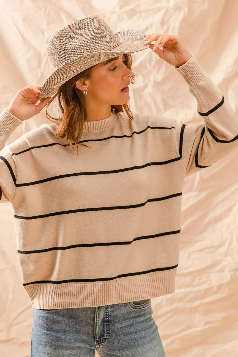 SO ME Stripe Crew Neck Basic Essential Sweater 