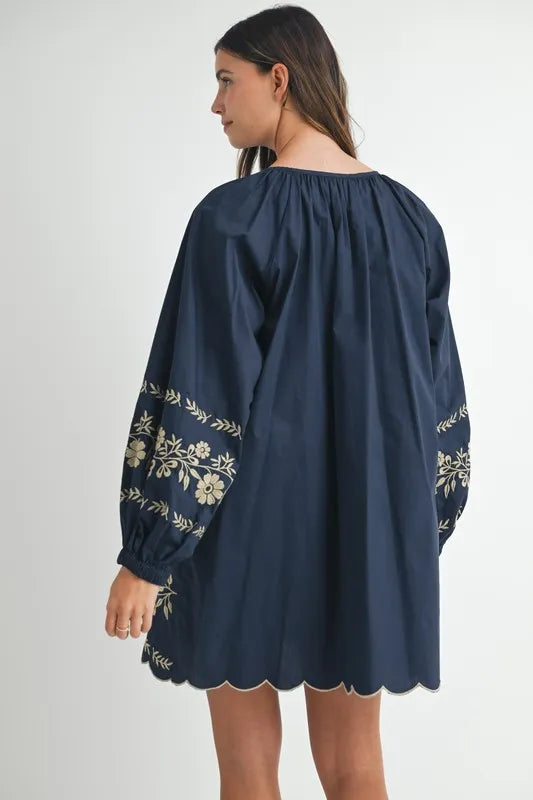 MABLE Embroidered Long Sleeve Peasant Mini Dress 