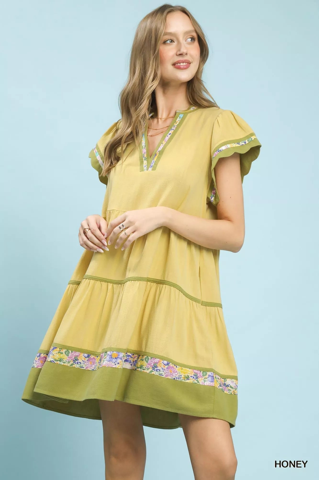 Umgee Linen Tiered Flutter Sleeve Dress with Floral Trim 