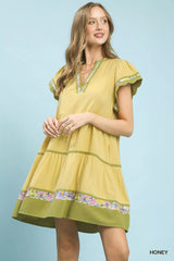 Umgee Linen Tiered Flutter Sleeve Dress with Floral Trim 