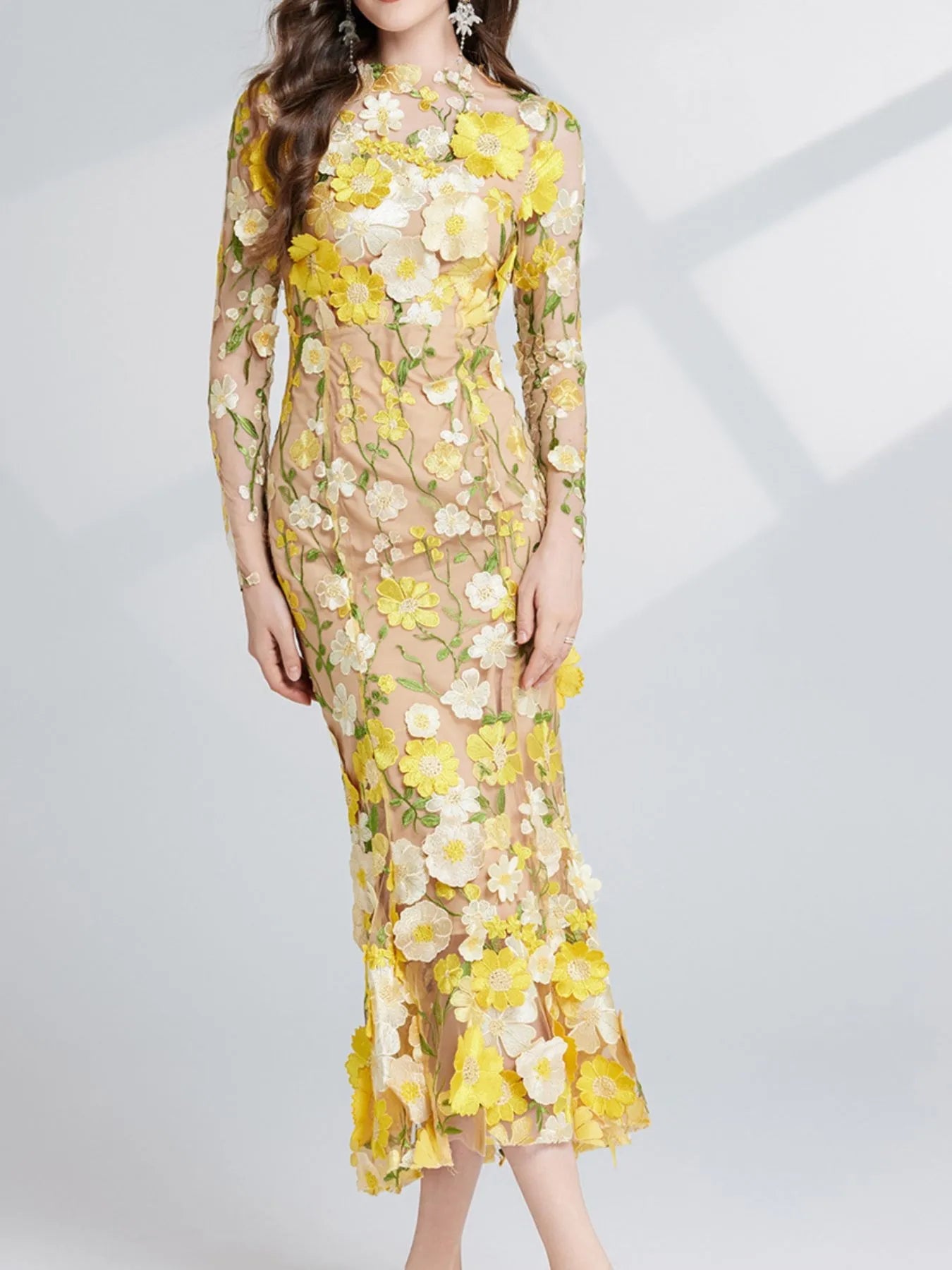 Floral Embroidered Mesh Long Sleeve Midi Dress 