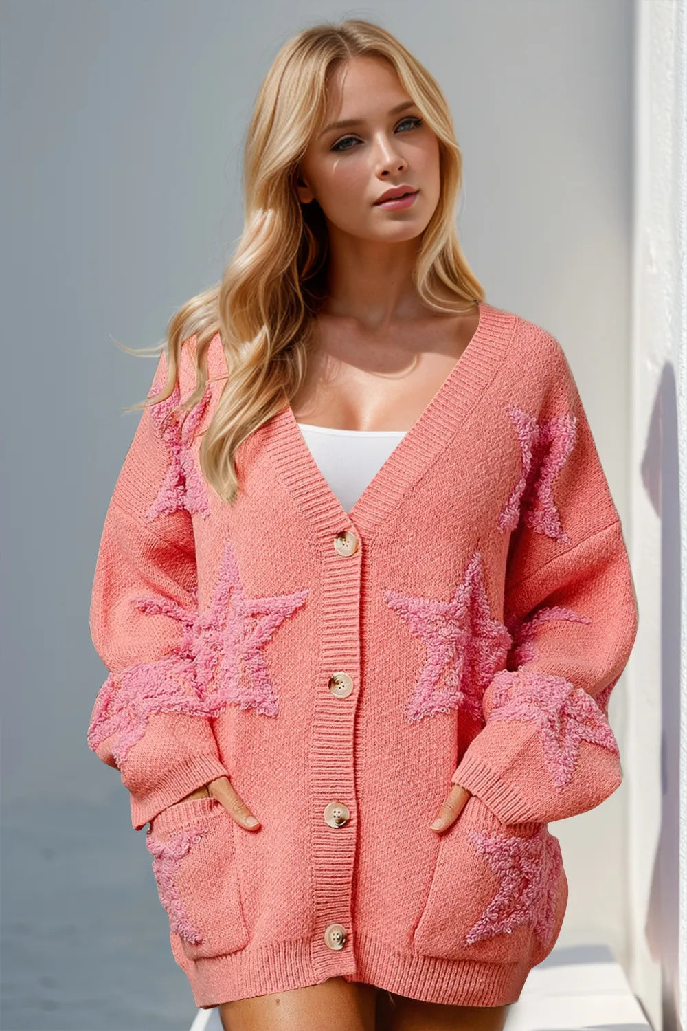 Double Take Full Size Button Up Star Pattern Cardigan 