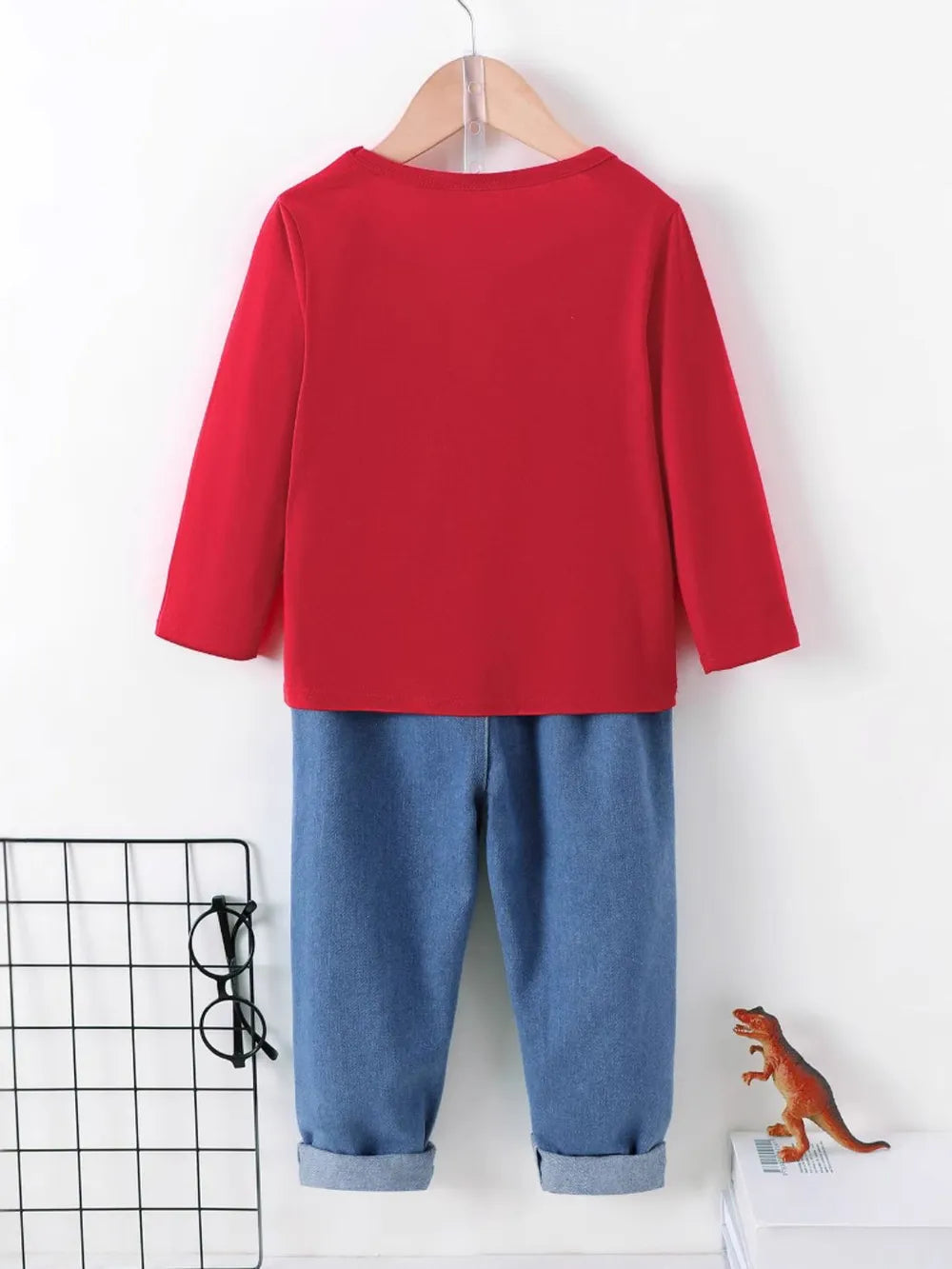 Dinosaur Round Neck Long Sleeve Top and Distressed Pants Set 