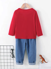 Dinosaur Round Neck Long Sleeve Top and Distressed Pants Set 
