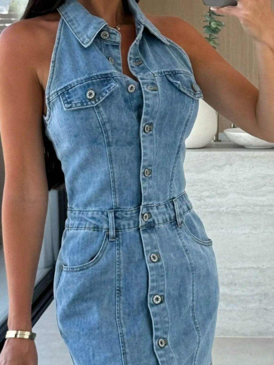 Button Front Sleeveless Denim Mini Dress 