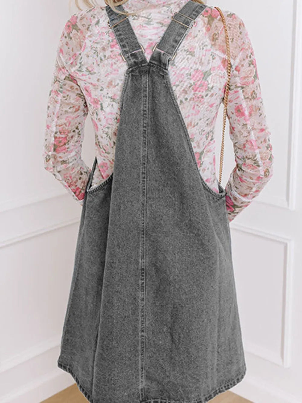 Wide Strap Button Down Denim Overall Dress 