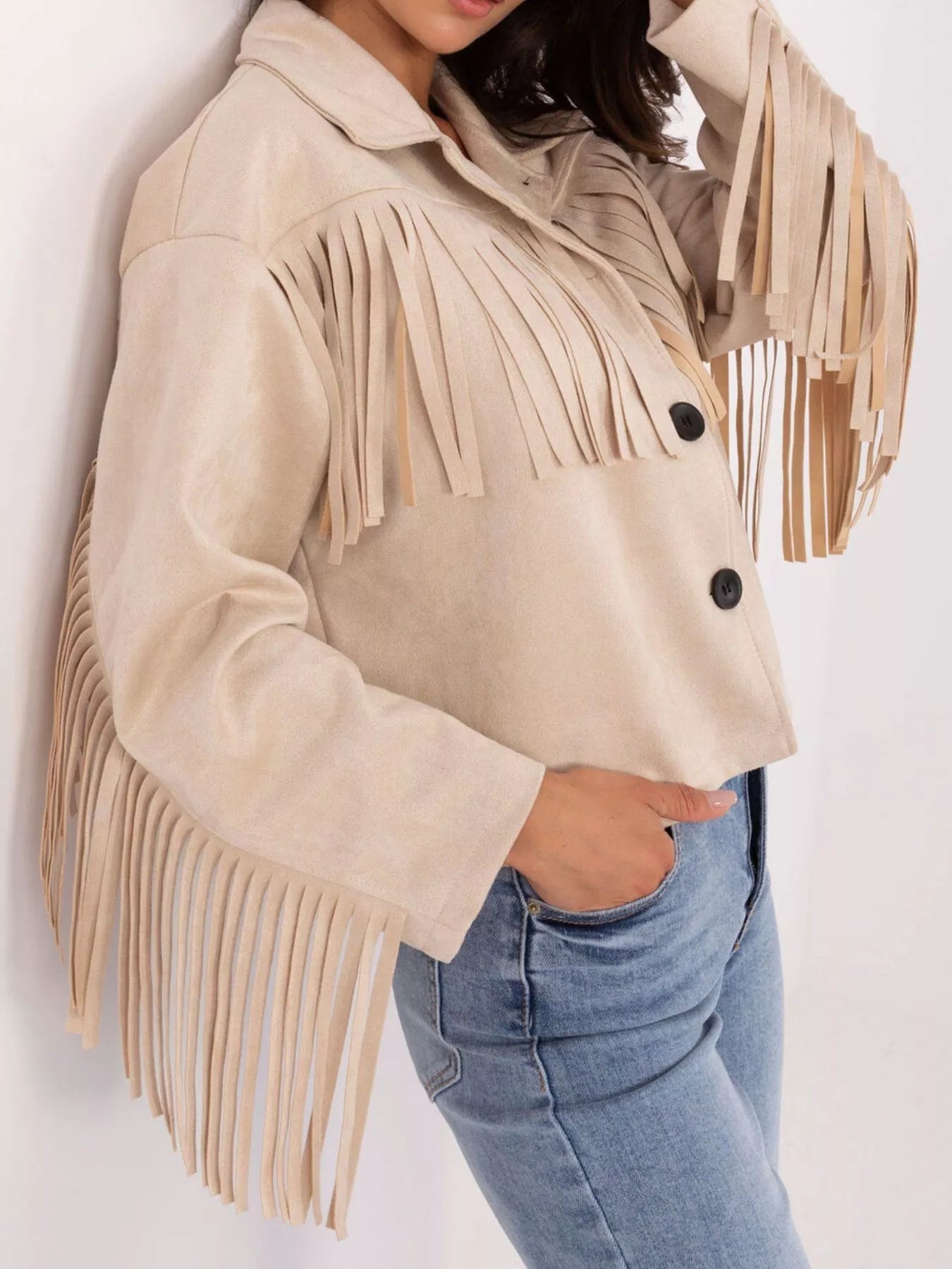 Fringe Button Up Suede Jacket 