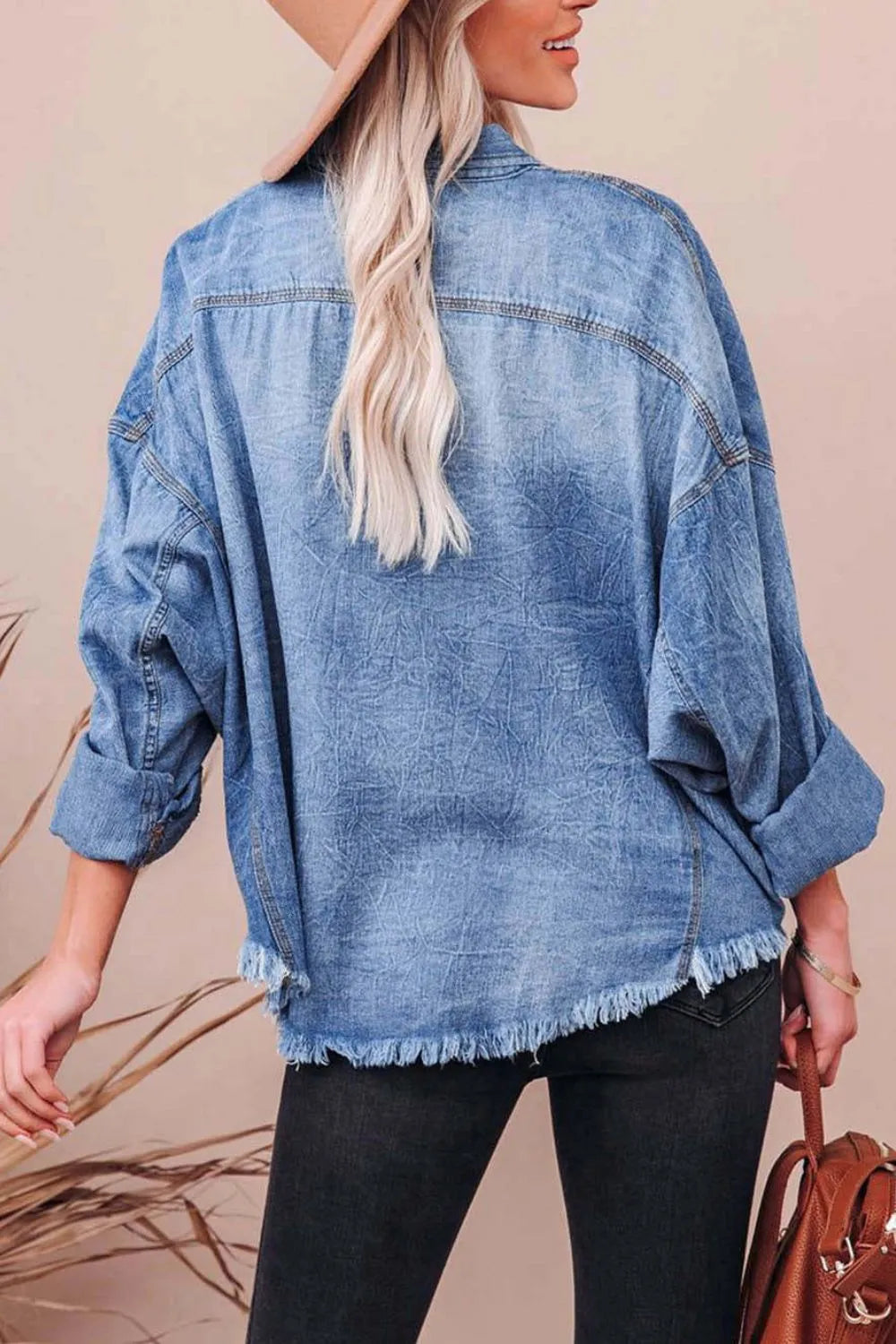Collared Neck Raw Hem Long Sleeve Denim Shirt 