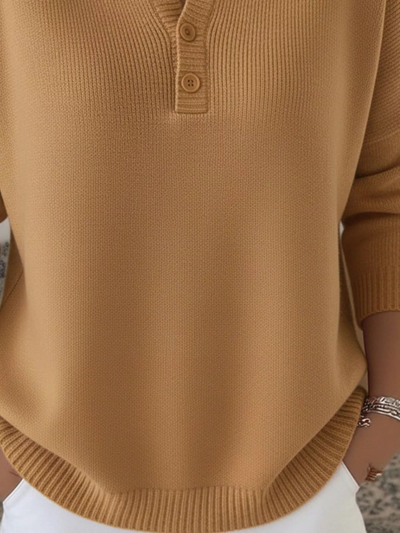 Full Size Half Button Long Sleeve Knit Top Plus Size 