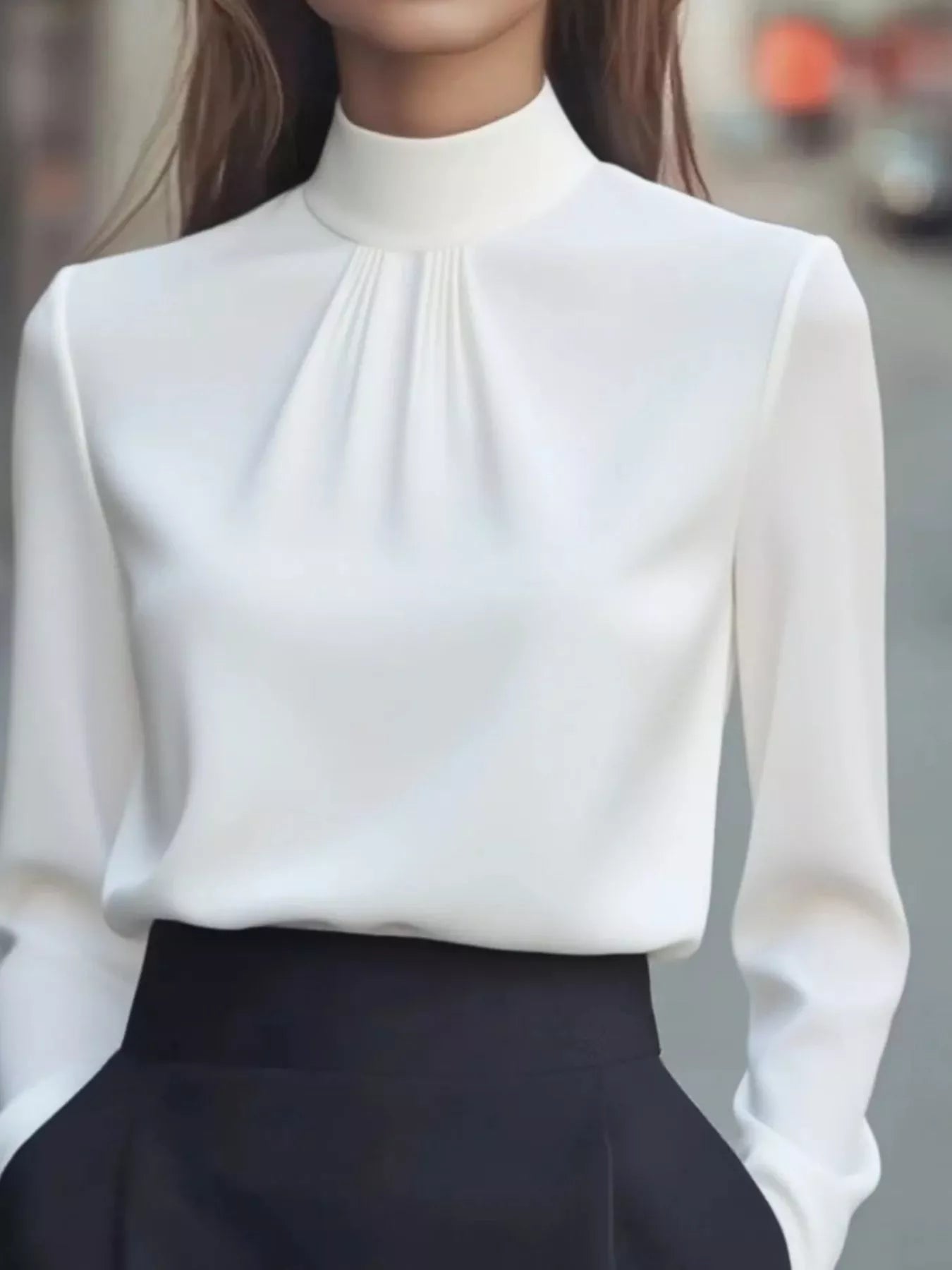 Mock Neck Long Sleeve Blouse with Pleated Detail 