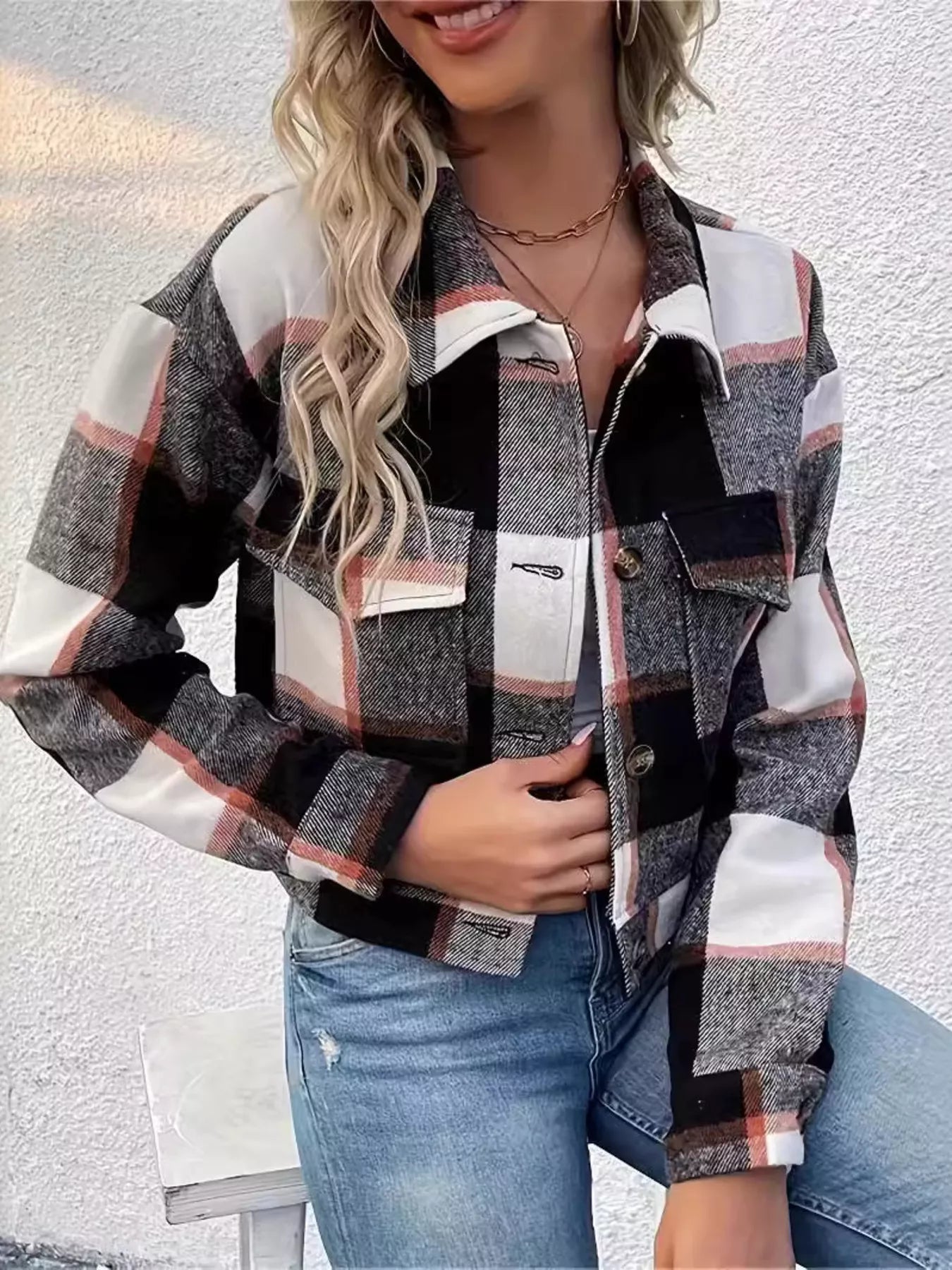 Plaid Button-Down Crop Jacket 