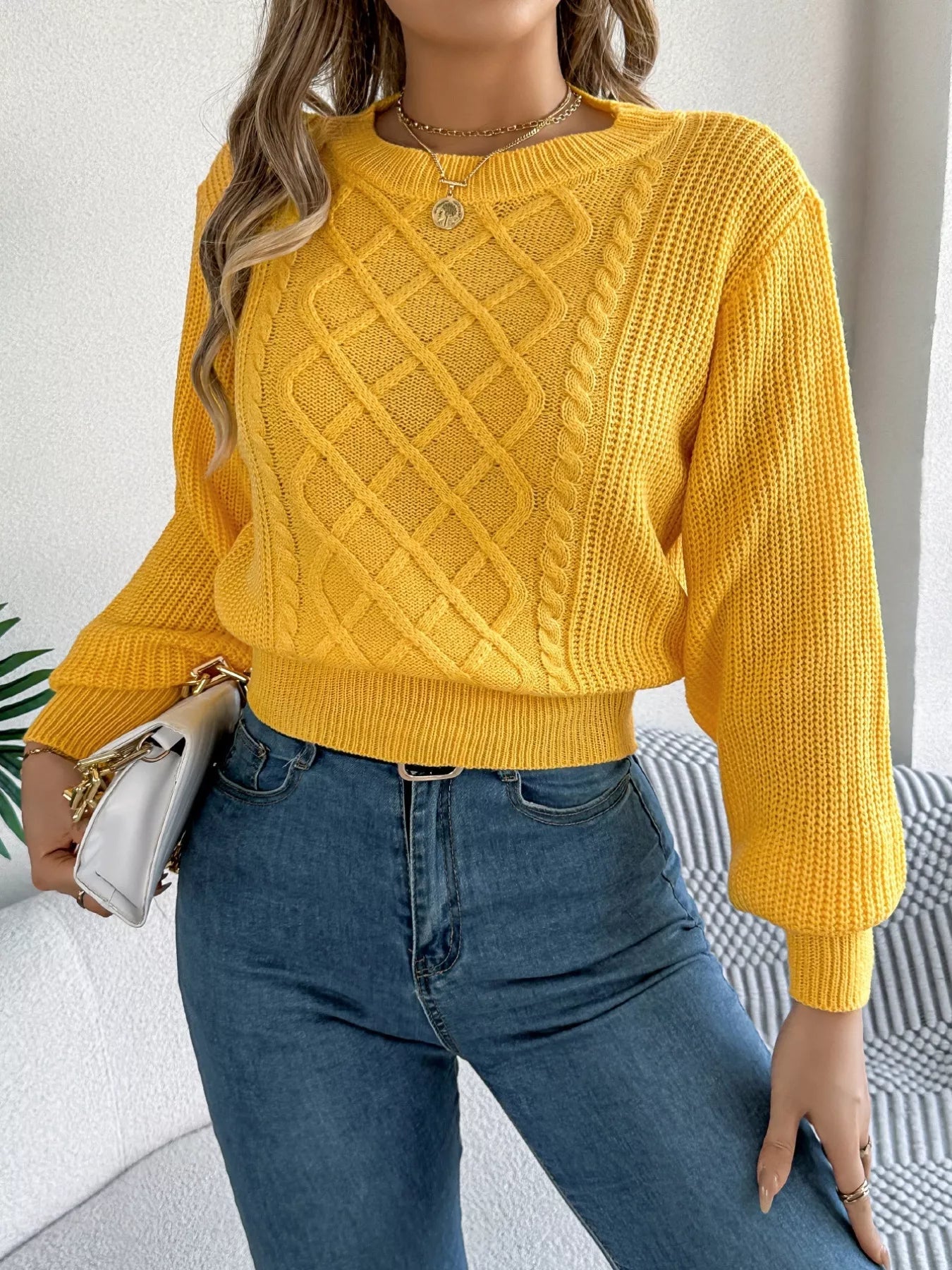 Cable Knit Diamond Pattern Long Sleeve Sweater 