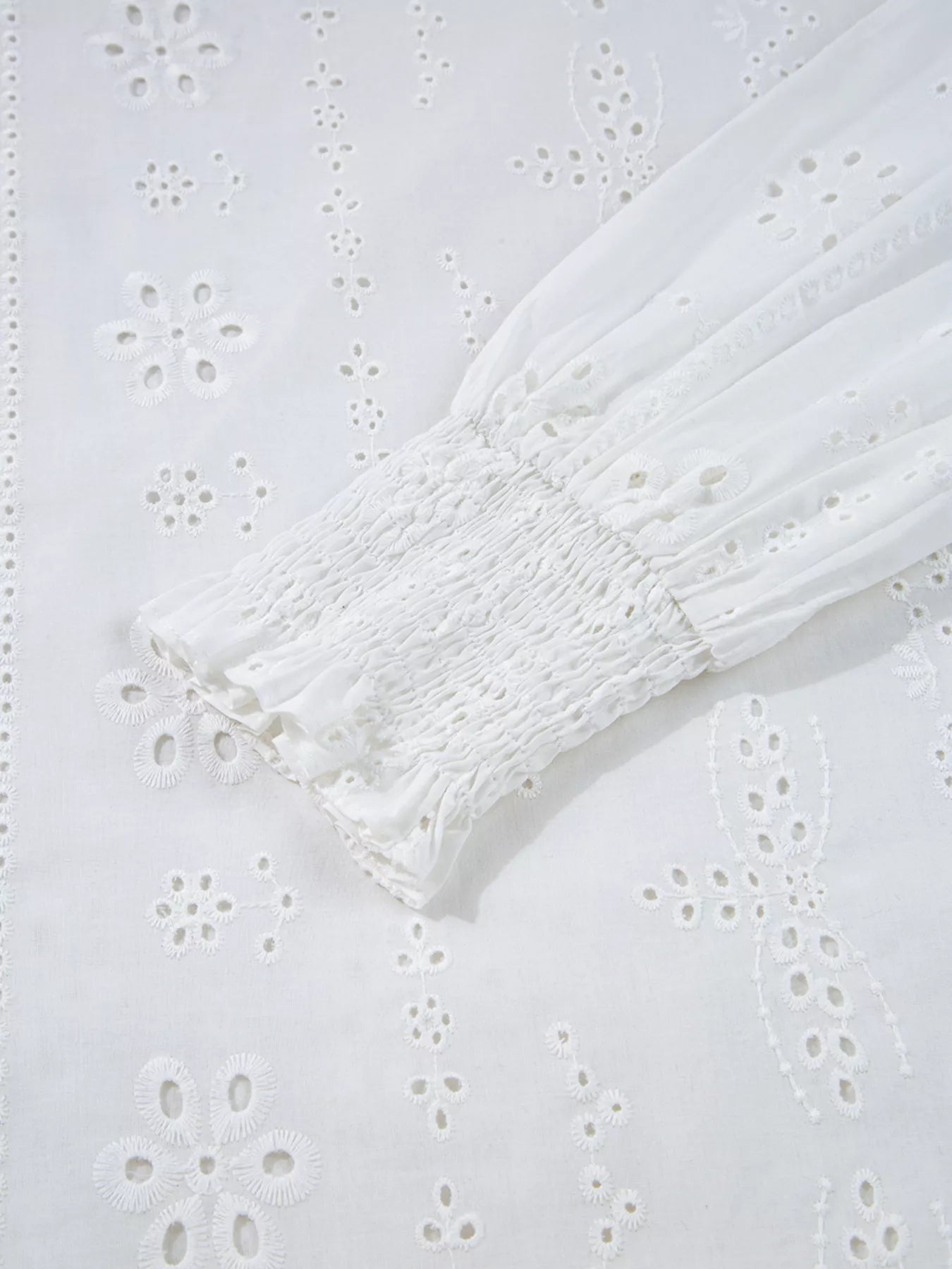 Eyelet Embroidered Smocked Cuff Sheer Blouse 