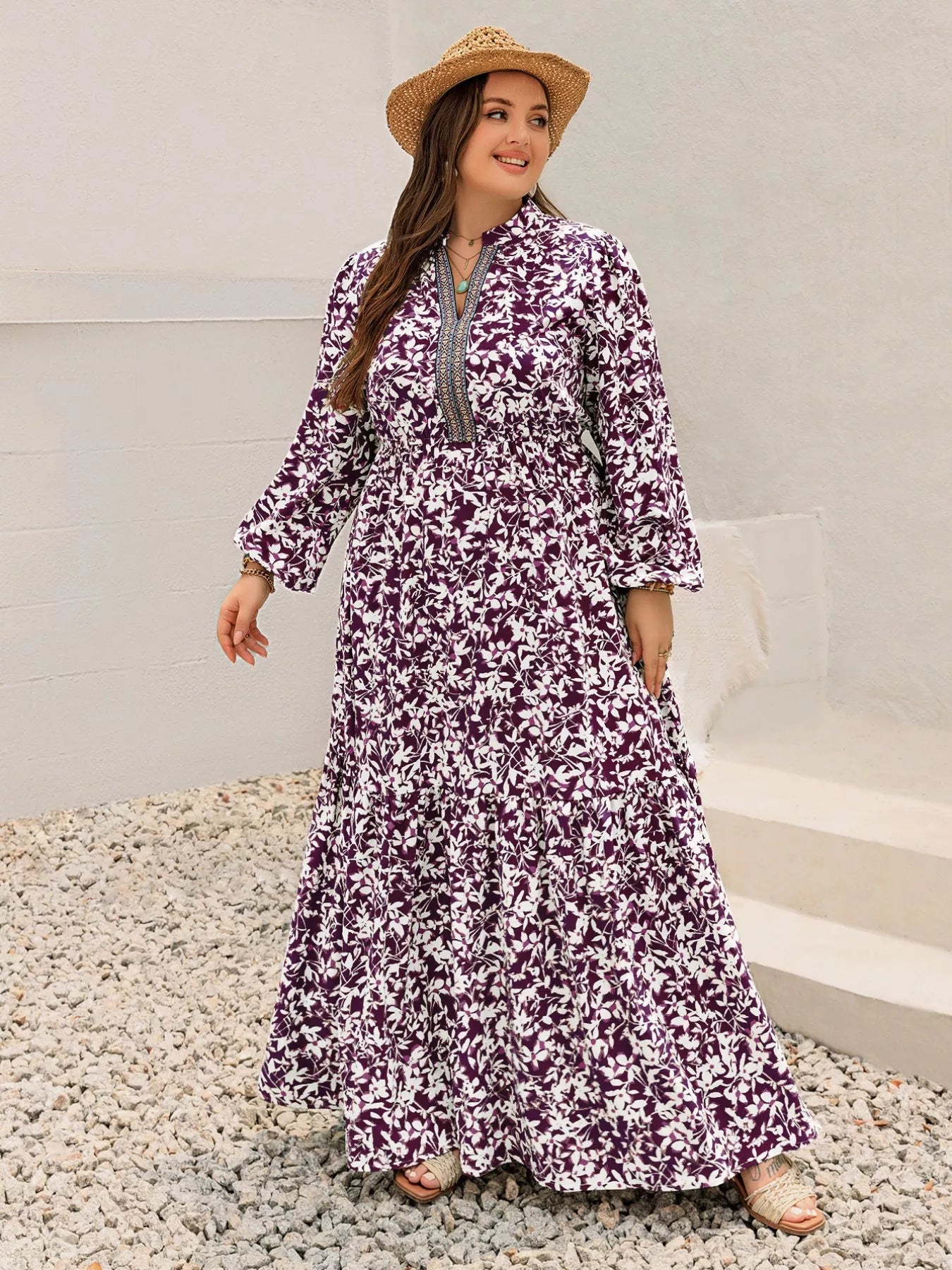 Plus Size Floral Print Maxi Dress with Long Sleeves 