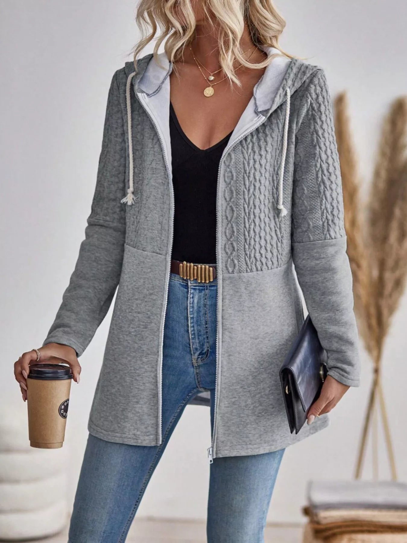 Drawstring Textured Zip Up Drawstring Hooded Jacket 