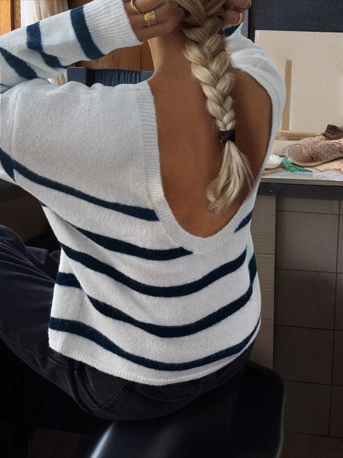 Striped Round Neck Long Sleeve Knit Top 