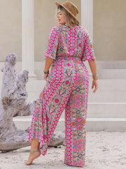 Plus Size Printed Half Sleeve Wide Leg Jumpsuit 