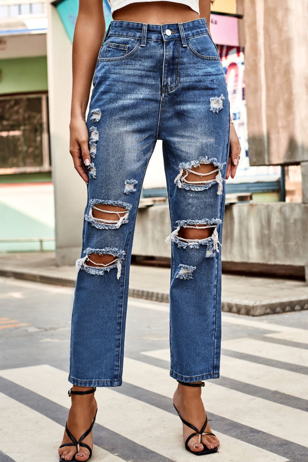 Distressed High Waist Straight Jeans 
