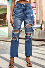 Distressed High Waist Straight Jeans 