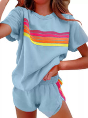 Rainbow Striped Round Neck Top and Shorts Set 