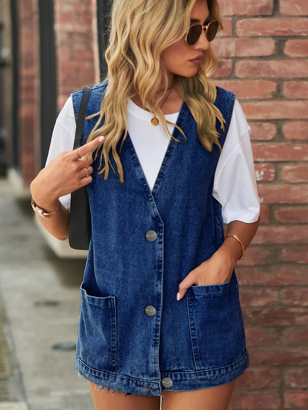 Full Size V-Neck Button Up Denim Vest 
