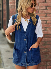 Full Size V-Neck Button Up Denim Vest 