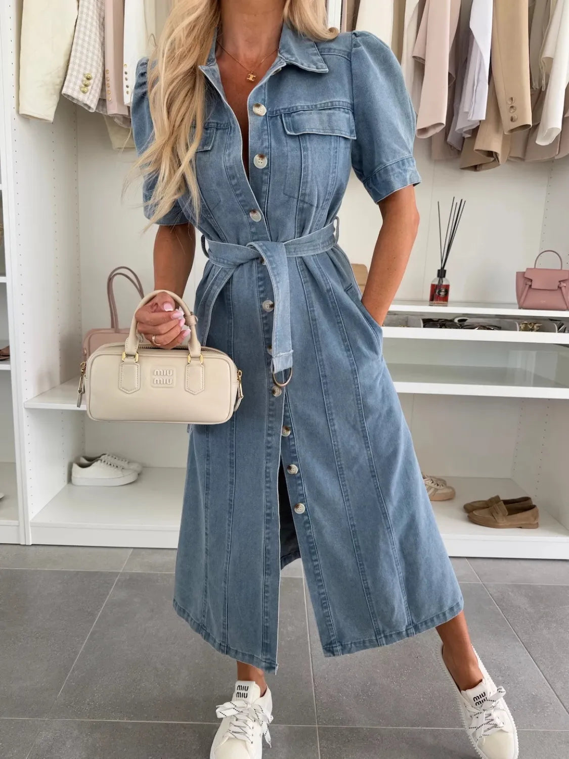 Puff Sleeve Button Down Belted Denim Midi Dress 