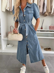 Puff Sleeve Button Down Belted Denim Midi Dress 