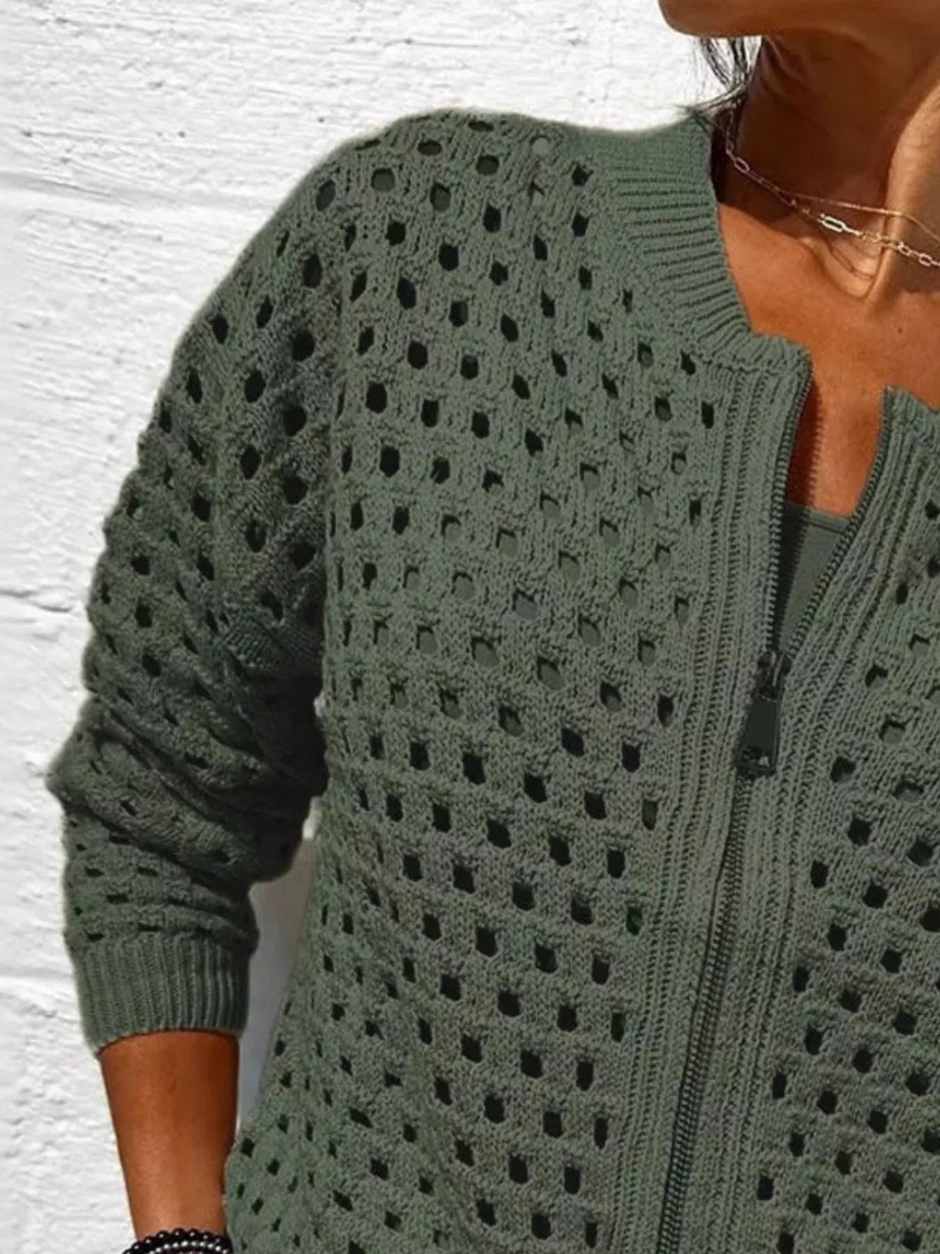 Full Size Zip Up Long Sleeve Cardigan with Eyelet Detail Plus Size 
