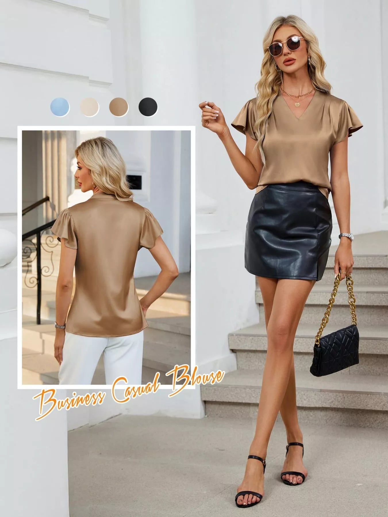 Satin V-Neck Flutter Sleeve Blouse 