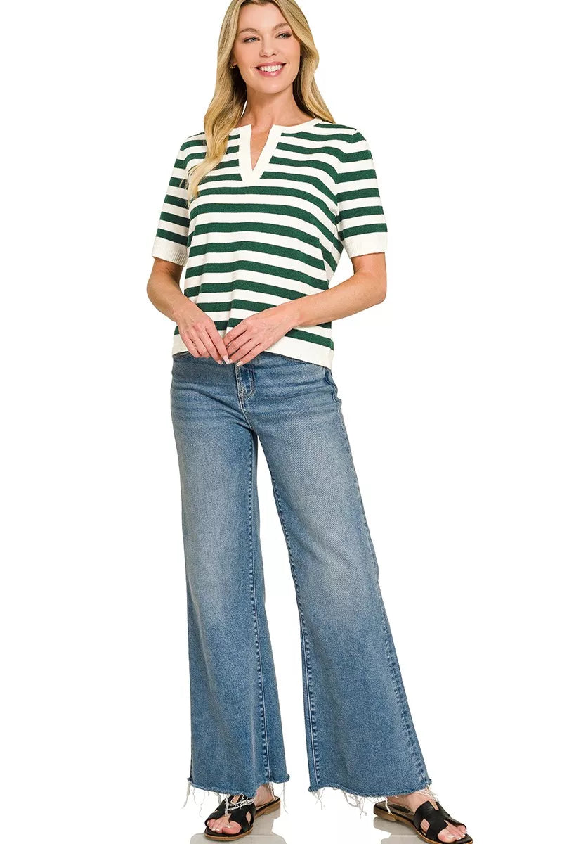Zenana Split Neck Stripe Short Sleeve Sweater 