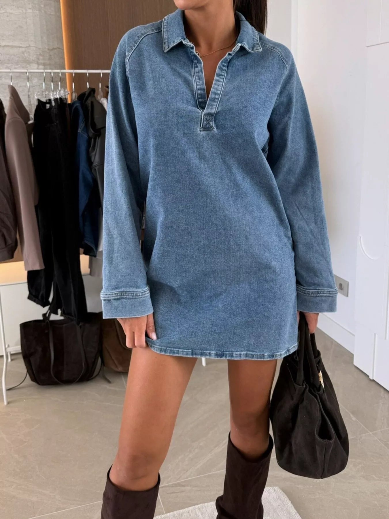 Collared Neck Long Sleeve Denim Dress 