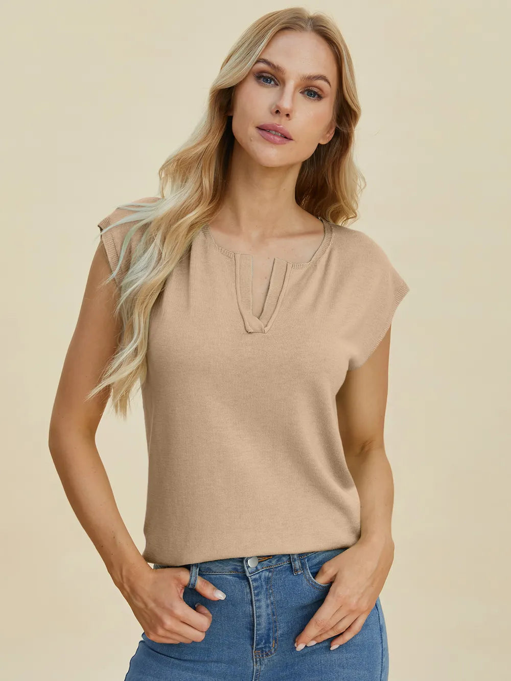 Double Take Full Size Notched Cap Sleeve Knit Top 