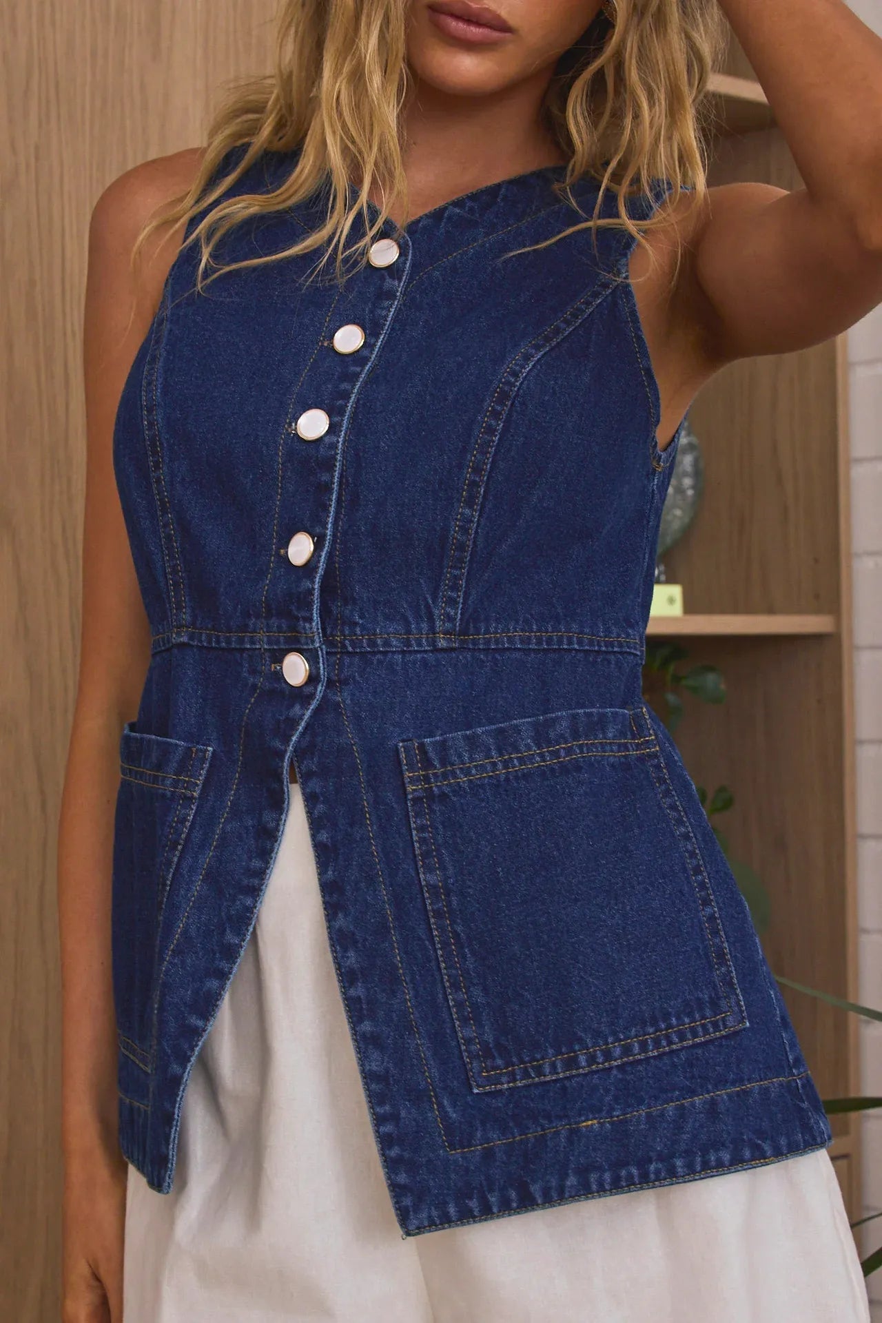 Sleeveless Button-Front Denim Vest Top 