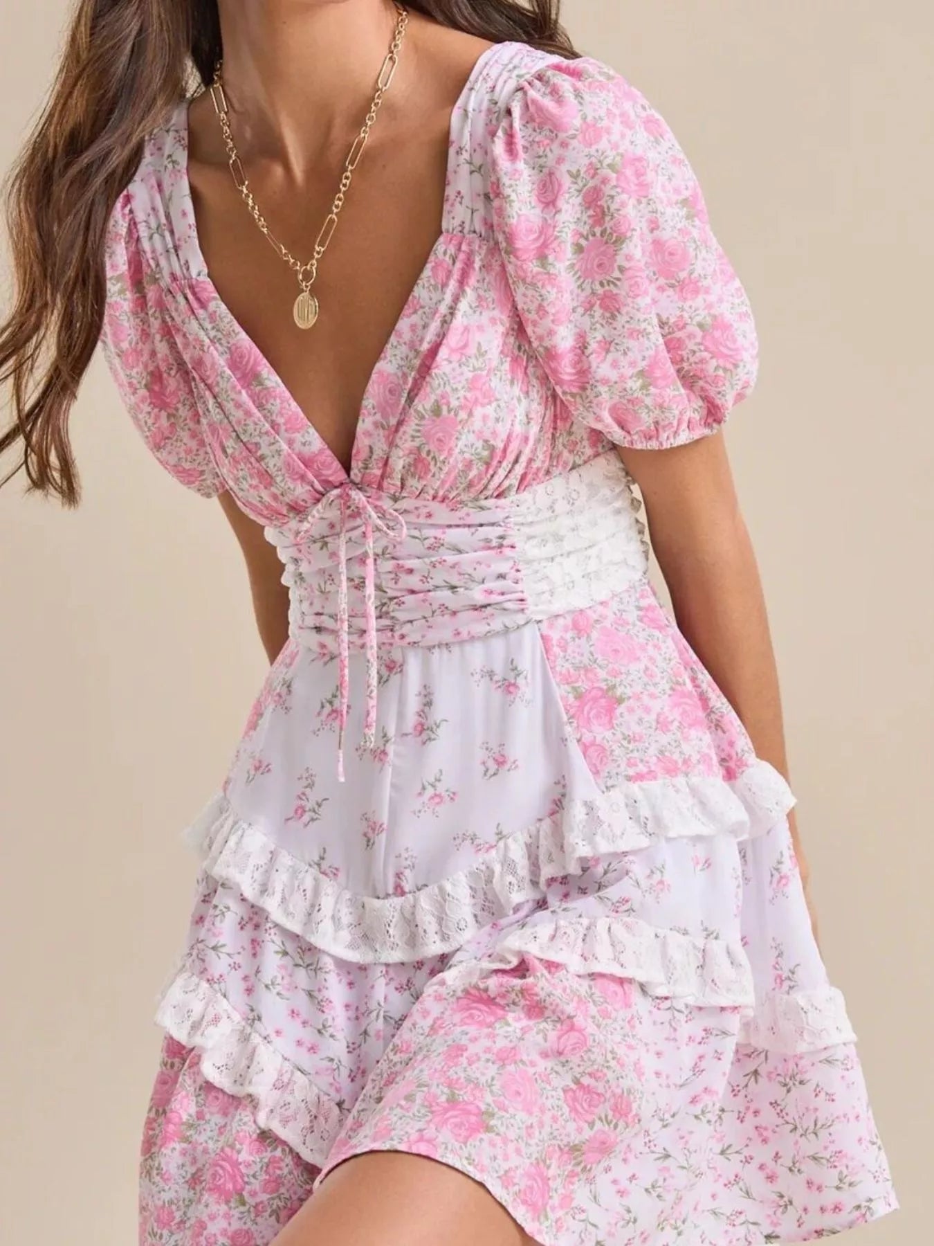 Floral Puff Sleeve Tiered Mini Dress 