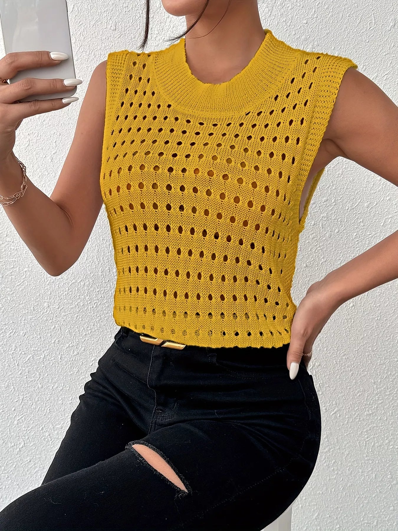 Hollow Out Round Neck Knit Tank 