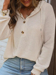 Casual Waffle Knit Button Detail Hoodie 