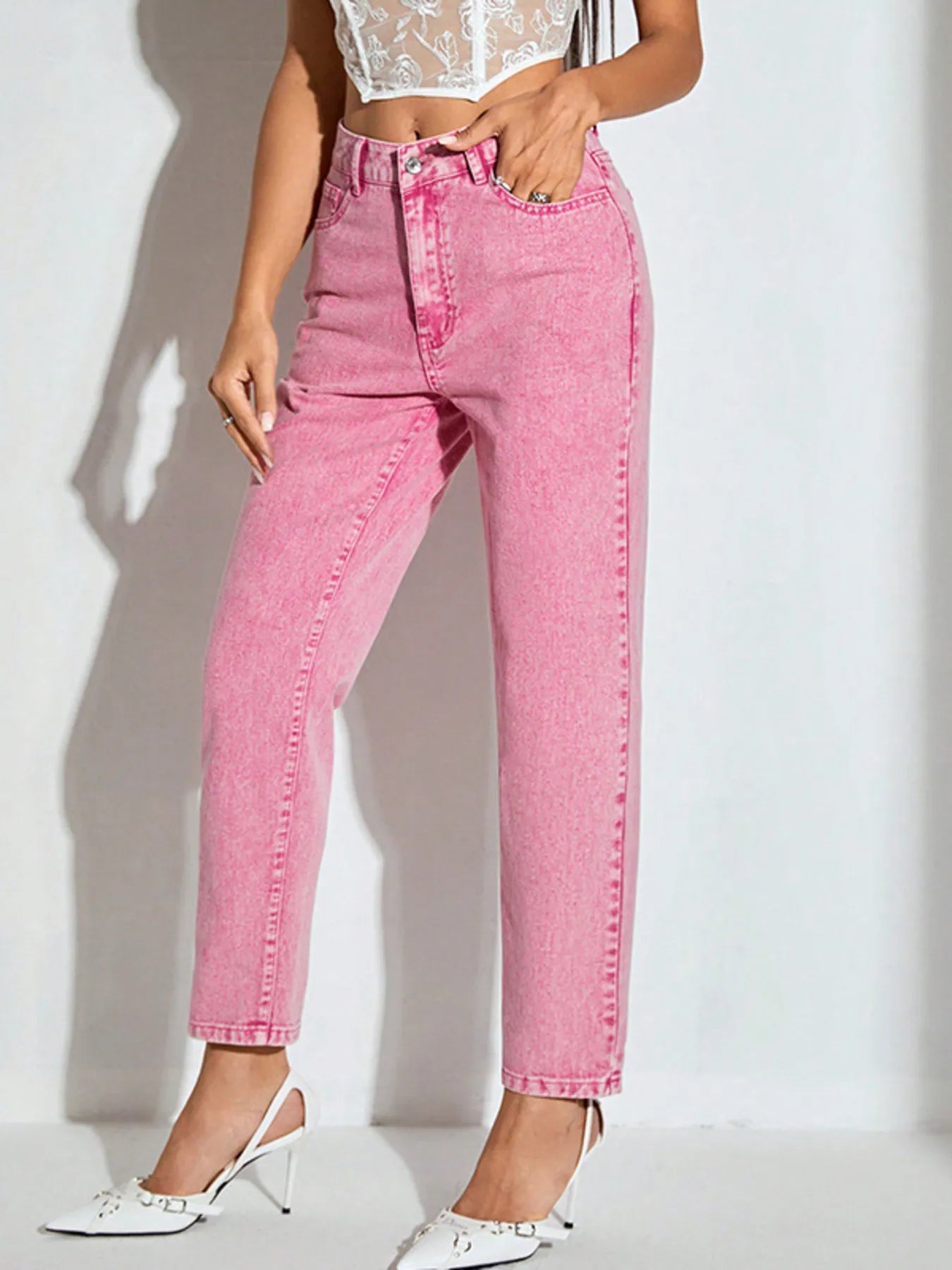 High-Waisted Wash Straight Leg Jeans 